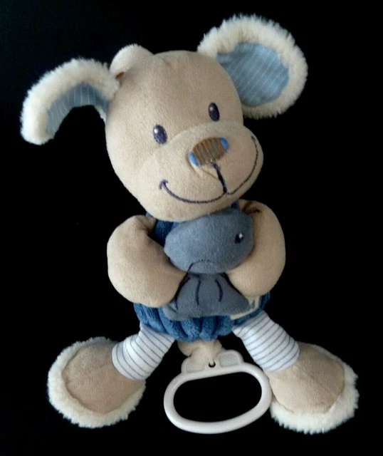 *. DOUDOU PELUCHE POMMETTE CHIEN MUSICAL BLEU BEIGE BLANC POISSON 22cm - TTBE