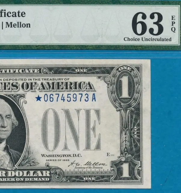 $1.00 1928 Star Funny Back  Blue Seal Silver Certificate  Pmg Choice New 63Epq