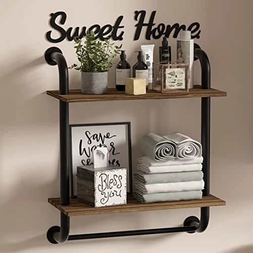 Bathroom Shelves Wall Mounted, Industrial Pipe Shelving Rustic Farmhouse 2-Tier
