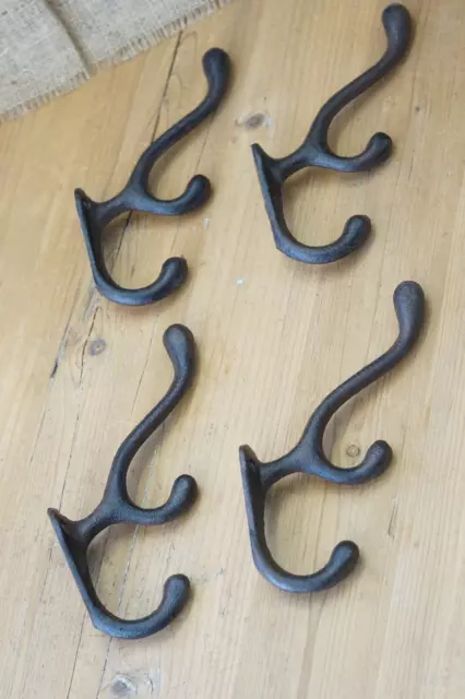 8 Cast Iron TRIPLE SCHOOL Style Coat Hooks Hat Hook Rack Hall Tree Tack Rustic 3