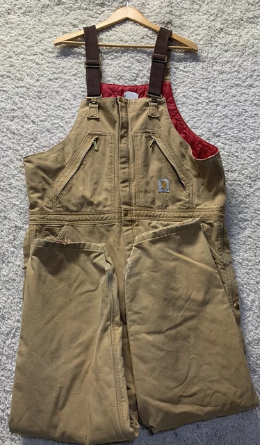 Vintage USA Made Carhartt  Brown Quilt Lined Duck Zip Front Bib Men 42X32