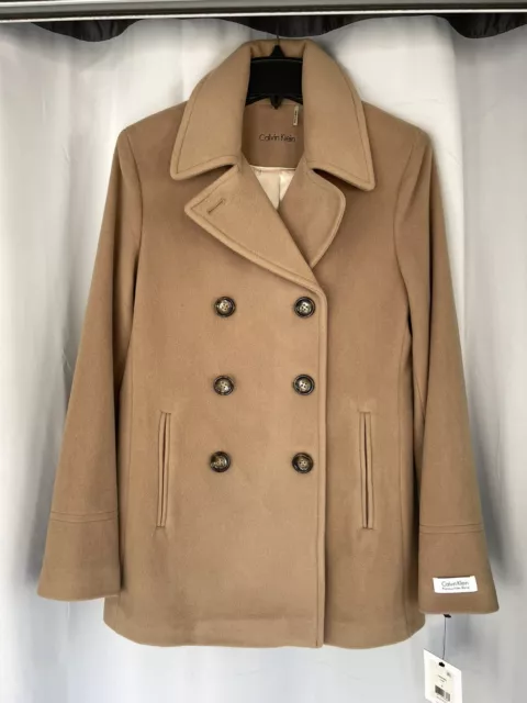 CALVIN KLEIN Double Breasted Precious Fiber Camel Peacoat Coat NWT Womens 6