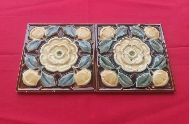 2 Piece Old Art Flower Design Embossed Majolica Ceramic Tiles Belgium 0212 2