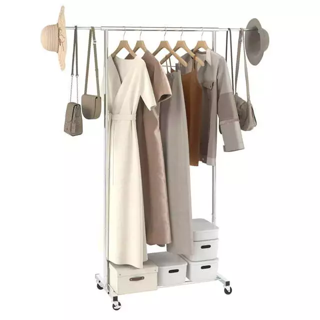 Clothes Rack with Wheels Heavy Duty Clothing Garment Rack with Hanging Rod US