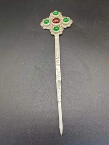 Chinese Old Tibet Silver Inlaid Green red jade Old Silver Hairpin