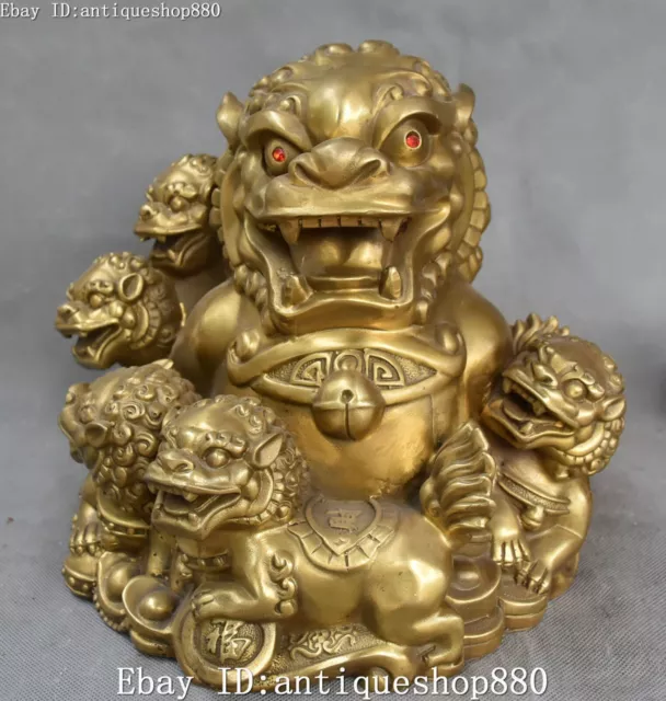 10" China Pure Bronze Auspicious Ruyi Money Foo Fu Dog Lion Leo Animal Beast