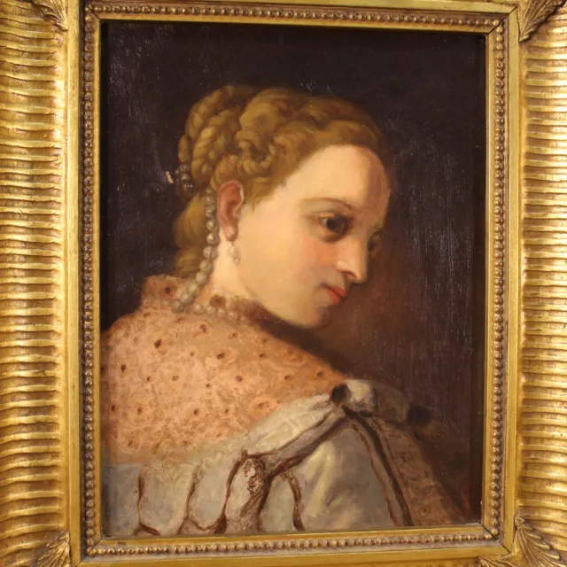 Tableau allemand peinture huile toile cadre antique portrait femme 19ème siècle 2