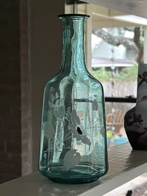 Vintage Handpainted Blown Glass Decanter Teal Blue 9”