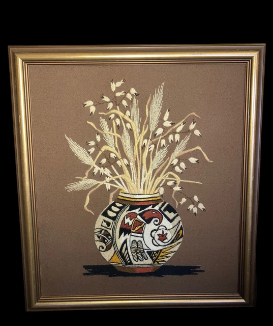 Vintage Handmade Needlepoint Indian Crewel Embroidery Framed