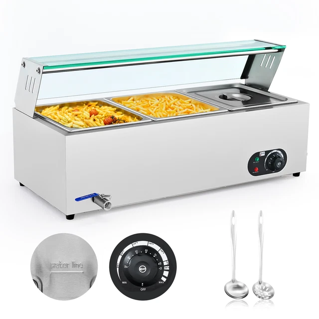 Commercial Catering Buffet Server with Glass Shelf 3 Pan Countertop Food Warmer