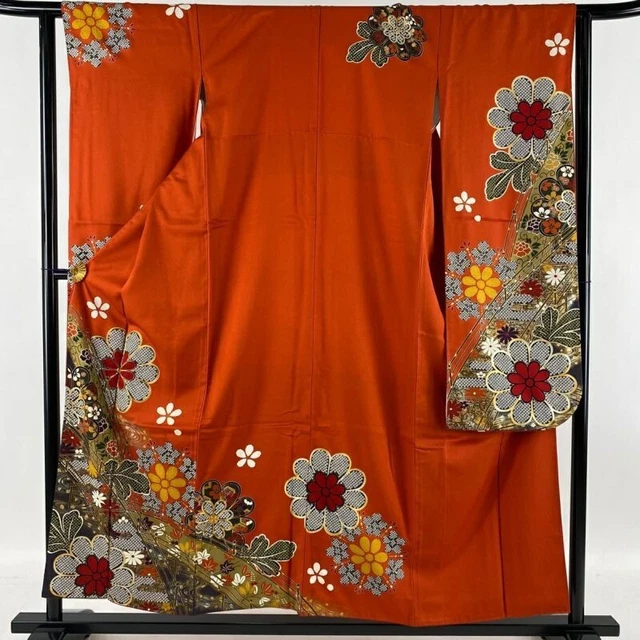Japanese Kimono Furisode Pure Silk Chrysanthemum Bridge Gold And Silver paint
