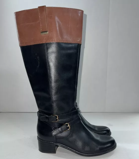 Bandolino Boots Womens 6M Black/Cognac Leather Carlotta Tall Riding Stretch Calf