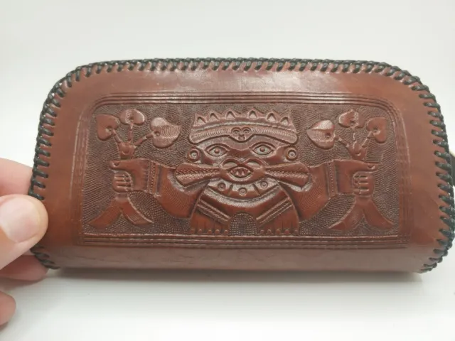 Hand Tooled Genuine Leather Wallet 7" Zippered Brown Aztec Southwest Vintage