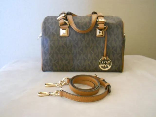 Michael Kors Jet Set Large Grayson Brown Signature Pvc/Acorn Leather Satchel Bag