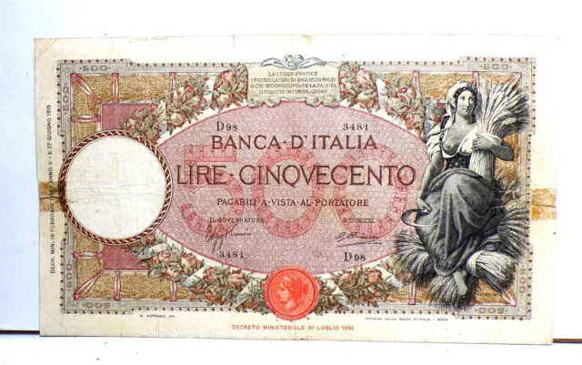 500 Lire Mietitrice Tipo Capranesi. Testina - Fascio  Emiss. 18 Febbraio 1932.