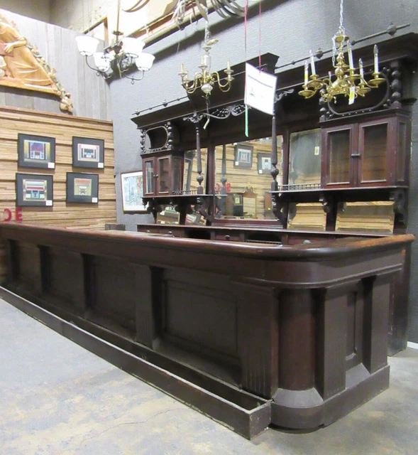 Antique Carved Victorian Oak Backbar W 19+ Foot Front Bar Architectural Salvage