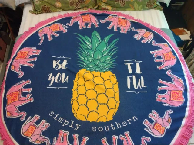 🍍🐘Simply Southern Round Beach Towel Pineapple Elephant Design 58" Pink Fringe 