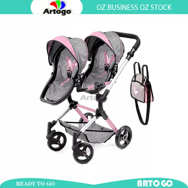 Twin Neo Doll Pram Grey & Pink With Butterfly Motif Which Can Adjust The Seats