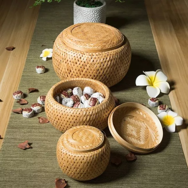 1Pc Bamboo Useful Bamboo Woven Double Layer Basket With Cover Storage Basket}