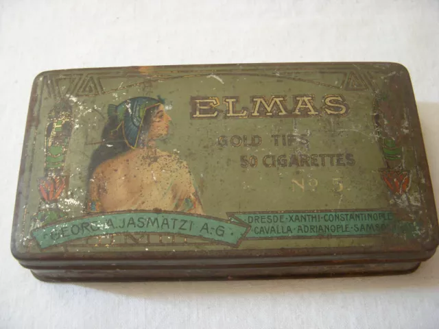 Alte Blechdose ELMAS GOLD TIPS 50 CIGARETTES No 5 UM 1900-G.A.JASMATZI A. G.