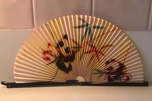 Vtg Chinese Paper Hand Fan PANDA Bamboo Metal Frame Clasp Pandas Gouache? Asian