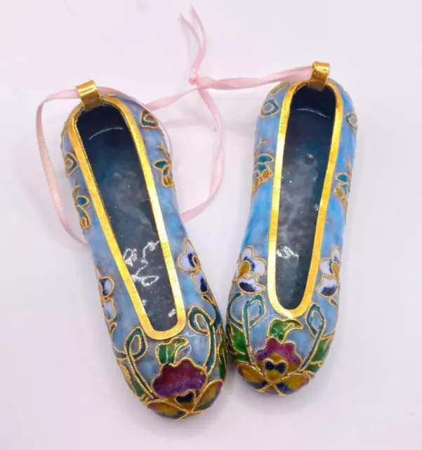 NYCO Cloisonne Brass Enamel Ballet Slipper Ornament S/2  Granny Core VTG