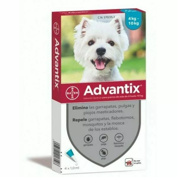 PIPETAS antiparasitarias para perros de 4 a 10kg. 4 unidades. ADVANTIX