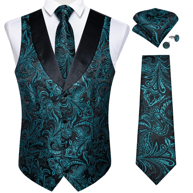 Formal Men Blue Vest Paisley Jacquard Silk Tie Suit Waistcoat Set Wedding