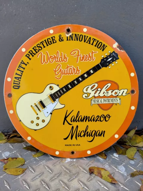 Gibson Vintage Porcelain Sign Guitar Music Instrument Kalamazoo Oil Gas Station Gibson Vintage Porcelain Sign Guitar Music Instrument Kalamazoo Oil Gas Station