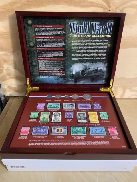 World War II Historic Coin & Stamp Collection w/Wooden Display Box