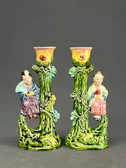 Pair of Antique Majolica Pottery Figural Chinoiserie Candle Stick Holders