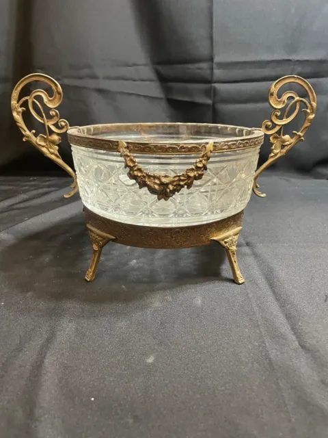 late 19th C. French Ormolu Mounted Cut Glass Bowl Baccarat Style