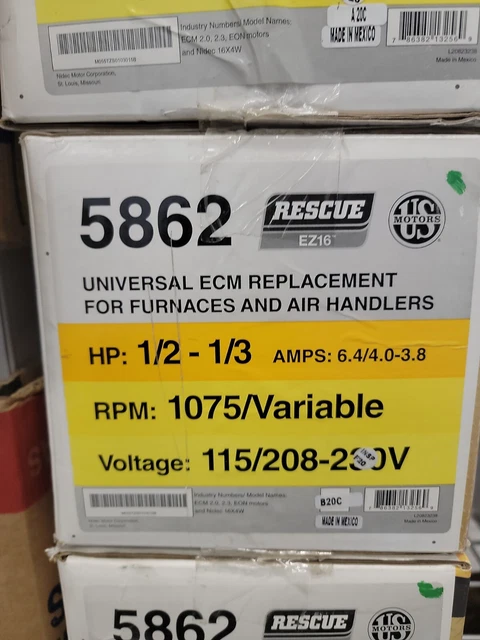 US Motors - 5862 - ECM Motor 1/2-1/3 HP, 1075 RPM, 115/208-230V Rescue EZ16