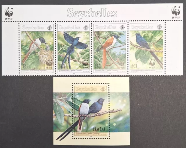 Seychelles 1996, blocco ""Specie in via di estinzione"" di 4x francobolli + m/s Mnh