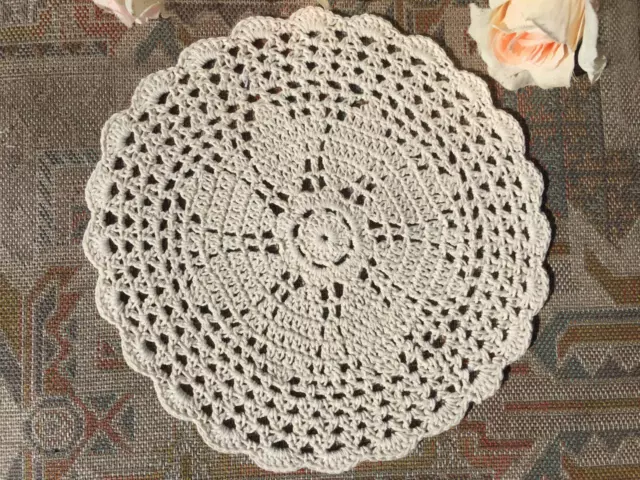 Vintage Beige Cotton Flower Hand Crochet Lace Doily Round--8"