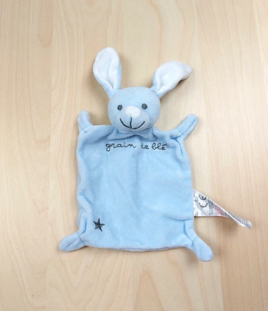 Doudou plat lapin bleu ciel nez blanc étoile grise yeux gris Grain de blé Z