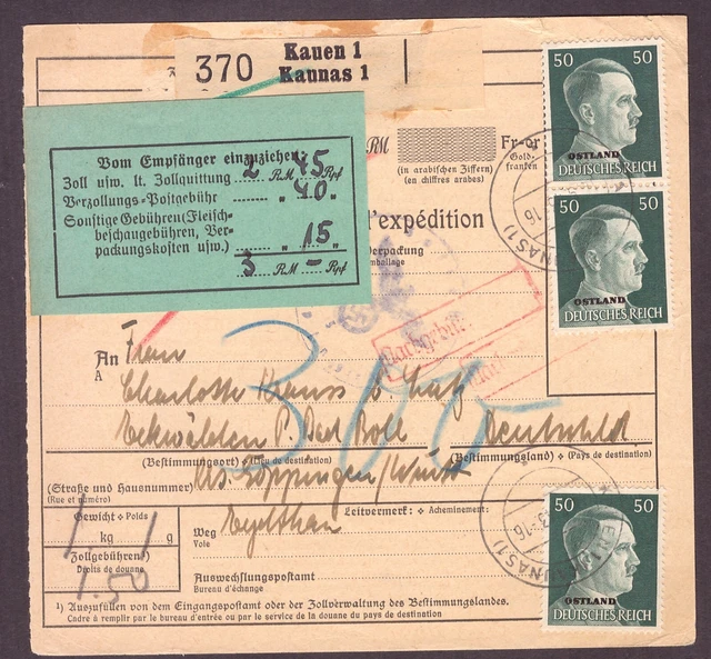 Ostland Litauen Paketkarte Kaunas nach Göppingen mit Zollzettel + Nachgebühr!! 1