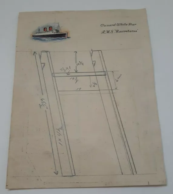 Cunard White Star H.M.S Mauretania Letterhead Drawing Specs of Bunks Vintage