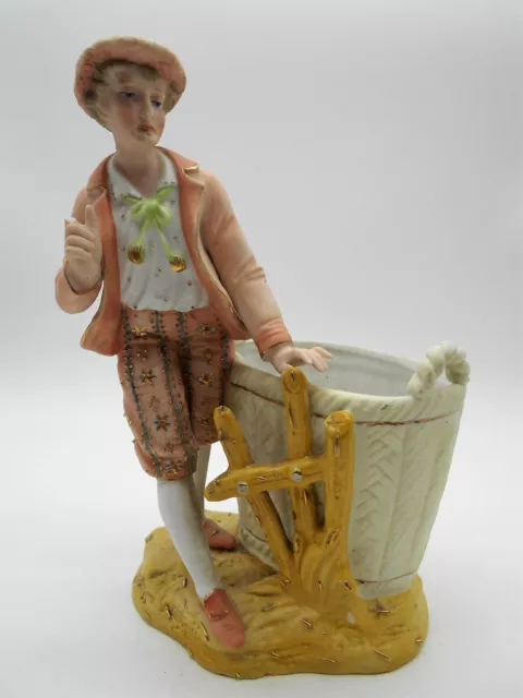 Superbe Figurine Vide Poche Jeune Homme Au Panier " En Biscuit Allemand