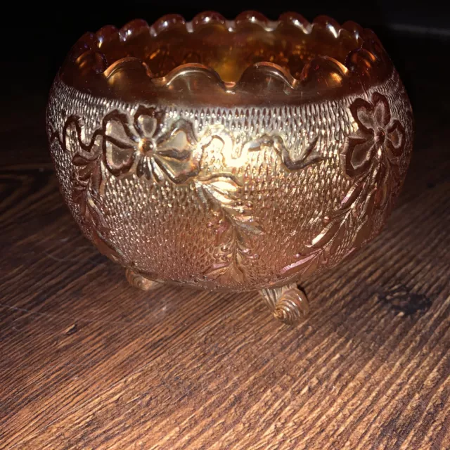 Vintage Marigold Carnival Glass Footed Rose Bowl fenton bow garland