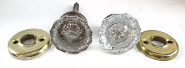 Antique Vintage Victorian Cut Glass Round Door Knob Spindle Brass Hardware