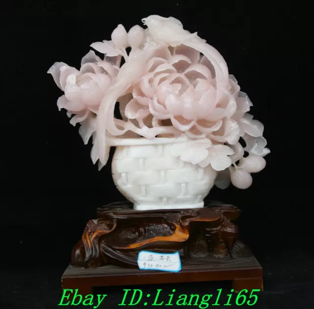 Natürliche Xiu Pink Jade Carve Pfingstrose Vogel Elster Blumenkorb Hoppet Statue