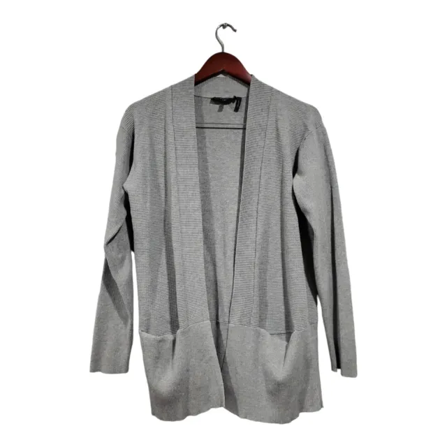 Theory Women's Gray Open-front Ribbed Cardigan Sweater Pockets Classic Size M