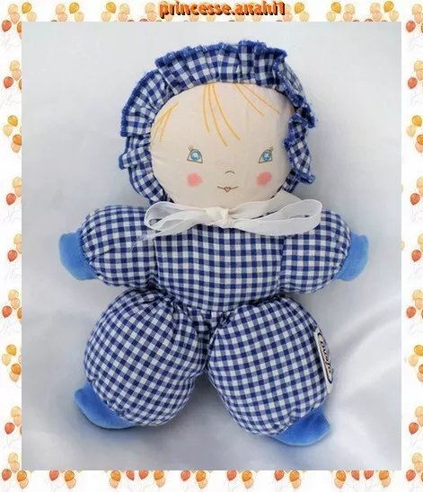 Doudou Poupée Chiffon Vichy Bleu Et Blanc Noeud Blanc Ajena