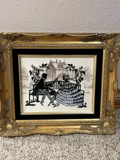 Vtg Silhouette Victorian Courtship Reverse Painting Intricate Wood Gold Frame