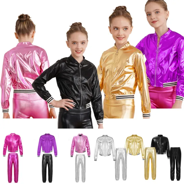 Kids Girls Boys Jazz Dance Disco Metallic Bomber Jacket Coat Dance Pants Set
