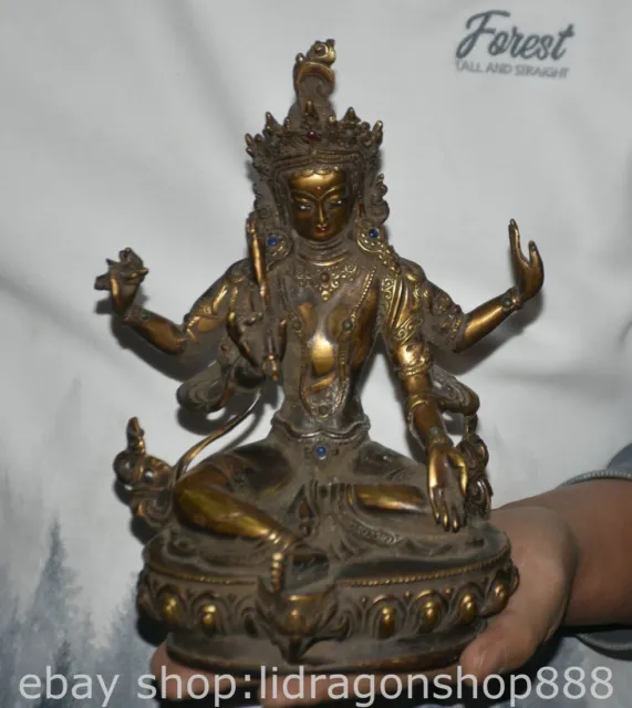8.4" Old Chinese Copper Gilt Buddhism 4 arm Green Tara Guan Yin Goddess Statue
