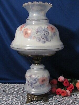 Large Gwtw Hurricane Iridescent Blue W Flowers Parlor Table Lamp 3 Way 25 1/2"