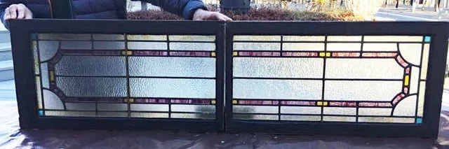 Antique STAINED GLASS TRANSOM WINDOW / VERTICAL  WINDOW - 2 PART -  68 by 18"