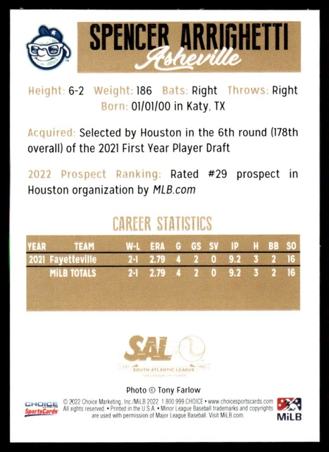 2022 CHOICE SPENCER Arrighetti Minor LeagueRookie SAL Minor League Top